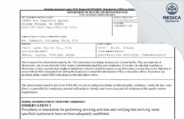 FDA 483 - Intelligent System Co., Ltd. [Johana / Japan] - Download PDF - Redica Systems