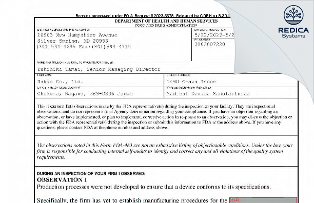 FDA 483 - Hakko Co., Ltd. [Isobe / Japan] - Download PDF - Redica Systems