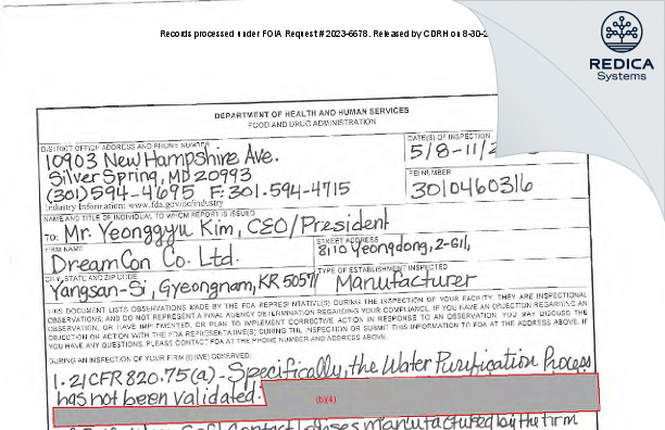 FDA 483 - DreamCon Co. Ltd. [Yangsan / Korea (Republic of)] - Download PDF - Redica Systems