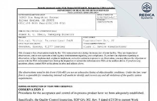 FDA 483 - Contract Medical International GmbH [Dresden / Germany] - Download PDF - Redica Systems