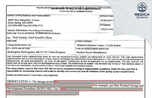 FDA 483 - Caltag Medsystems Ltd [Buckingham / United Kingdom of Great Britain and Northern Ireland] - Download PDF - Redica Systems