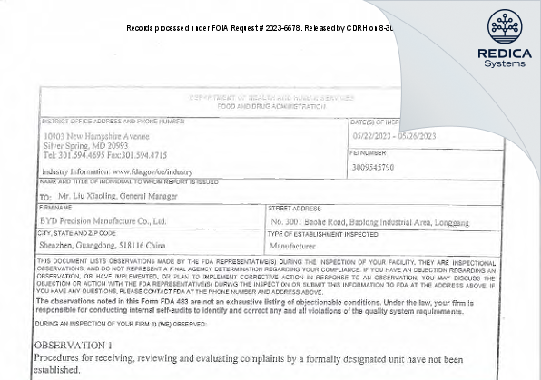 FDA 483 - Byd Precision Manufacture Co., Ltd [Longgang / China] - Download PDF - Redica Systems