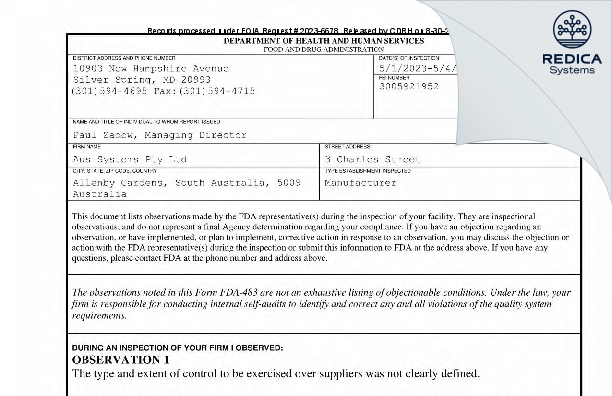 FDA 483 - Aus Systems Pty Ltd [Adelaide / Australia] - Download PDF - Redica Systems