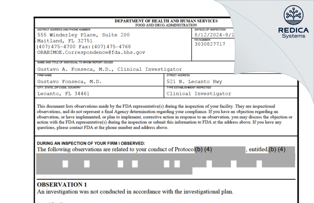 FDA 483 - Gustavo Fonseca, M.D. [Lecanto / United States of America] - Download PDF - Redica Systems