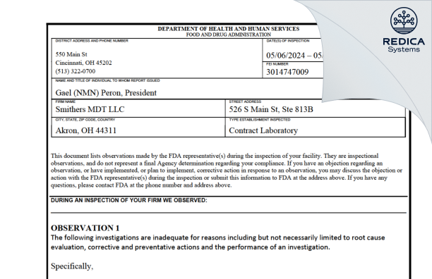 FDA 483 - Smithers MDT [Akron / United States of America] - Download PDF - Redica Systems