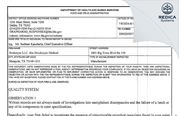 FDA 483 - Strukmyer Medical [Mesquite / United States of America] - Download PDF - Redica Systems