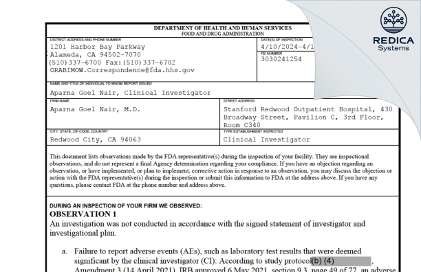 FDA 483 - Aparna Goel Nair, M.D. [Redwood City / United States of America] - Download PDF - Redica Systems