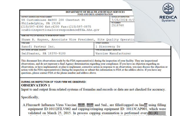 FDA 483 - Sanofi Pasteur Inc. [Swiftwater / United States of America] - Download PDF - Redica Systems