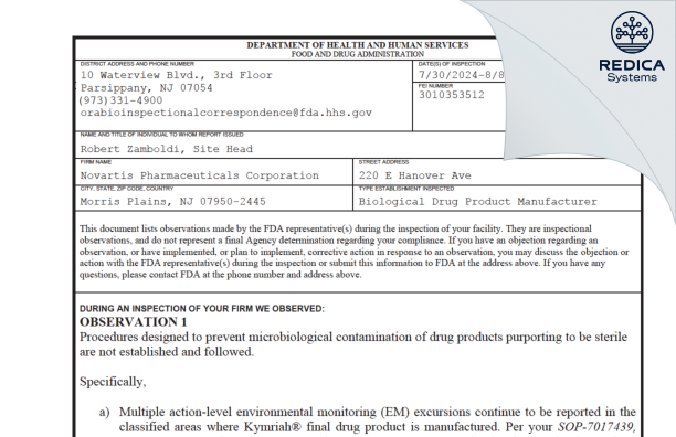 FDA 483 - Novartis Pharmaceuticals Corporation [Morris Plains / United States of America] - Download PDF - Redica Systems