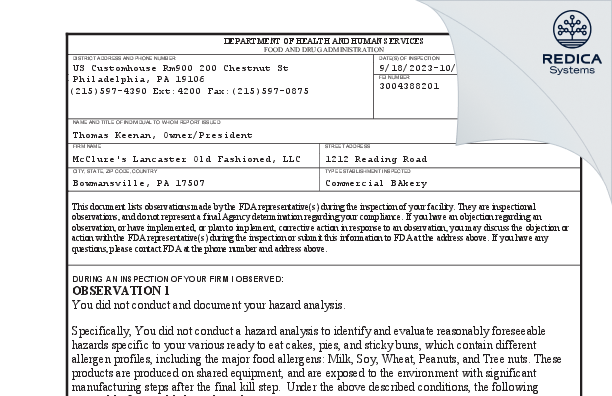 FDA 483 - McClure's Lancaster Old Fashioned, LLC [Narvon / United States of America] - Download PDF - Redica Systems