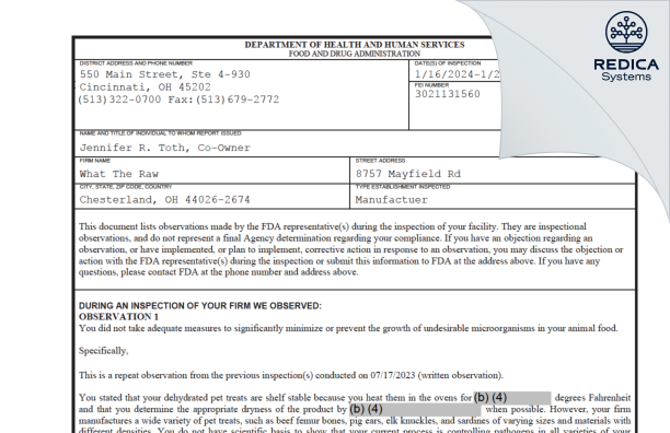 FDA 483 - What The Raw [Chesterland / United States of America] - Download PDF - Redica Systems