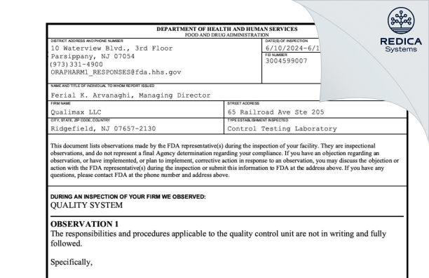 FDA 483 - QUALIMAX LLC [Ridgefield / United States of America] - Download PDF - Redica Systems