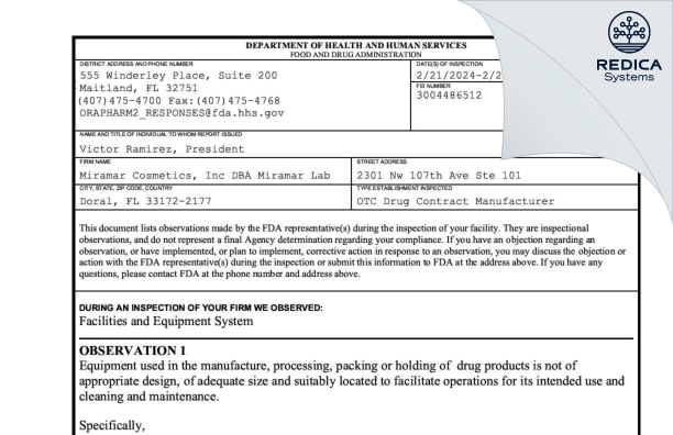 FDA 483 - Miramar Cosmetics, Inc DBA Miramar Lab [Doral / United States of America] - Download PDF - Redica Systems