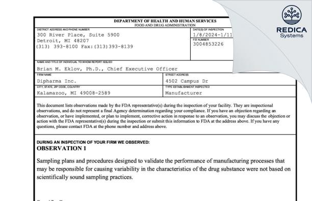 FDA 483 - Dipharma Inc. [Kalamazoo / United States of America] - Download PDF - Redica Systems