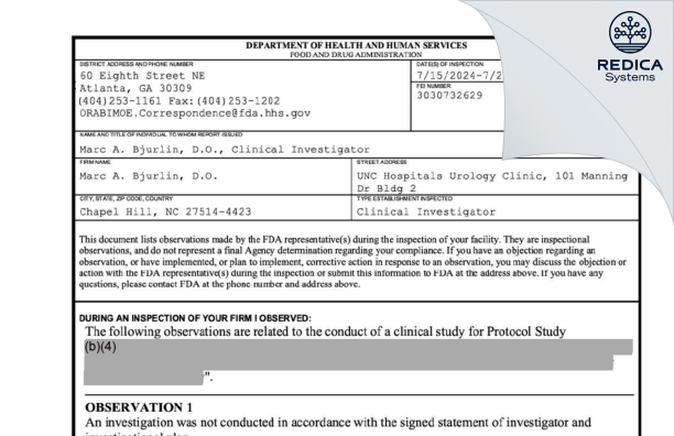 FDA 483 - Marc A. Bjurlin, D.O. [Chapel Hill / United States of America] - Download PDF - Redica Systems