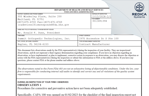 FDA 483 - Summit Orthopedic Technologies, Inc. [Naples / United States of America] - Download PDF - Redica Systems