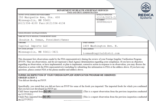 FDA 483 - Capital Imports LLC [Minneapolis / United States of America] - Download PDF - Redica Systems