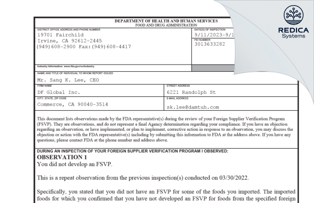 FDA 483 - DF Global Inc. [Los Angeles / United States of America] - Download PDF - Redica Systems