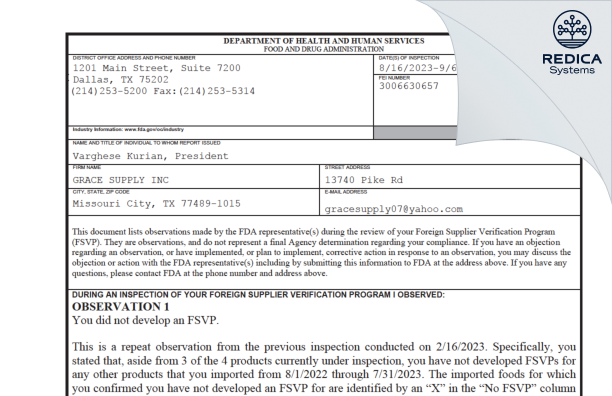 FDA 483 - GRACE SUPPLY INC [Missouri City / United States of America] - Download PDF - Redica Systems