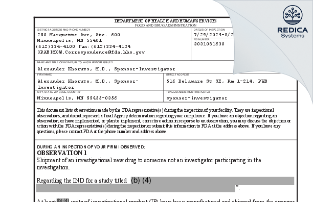 FDA 483 - Alexander Khoruts, M.D., Sponsor-Investigator [Minneapolis / United States of America] - Download PDF - Redica Systems