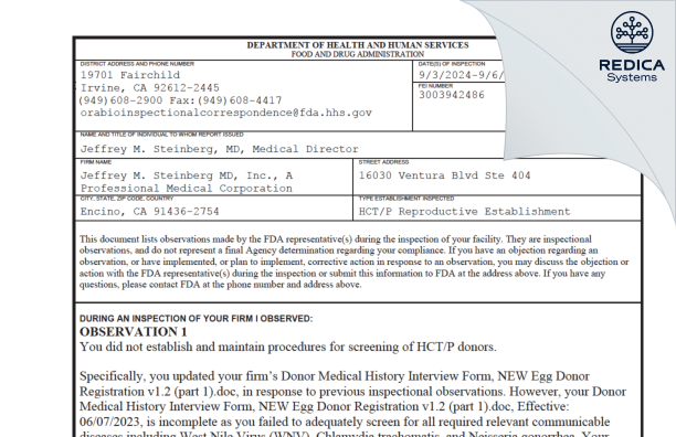 FDA 483 - Jeffrey M. Steinberg MD, Inc., a Professional Medical Corporation dba The Fertility Institutes [Encino / United States of America] - Download PDF - Redica Systems