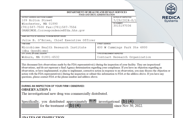 FDA 483 - Microbiome Health Research Institute (dba OpenBiome) [Woburn / United States of America] - Download PDF - Redica Systems