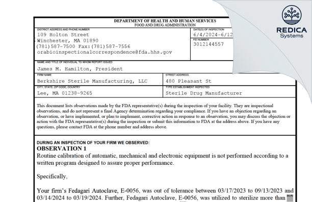 FDA 483 - Berkshire Sterile Manufacturing, Inc. [Lee / United States of America] - Download PDF - Redica Systems