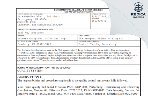 FDA 483 - Primera Analytical Solutions Corporation [Cranbury / United States of America] - Download PDF - Redica Systems