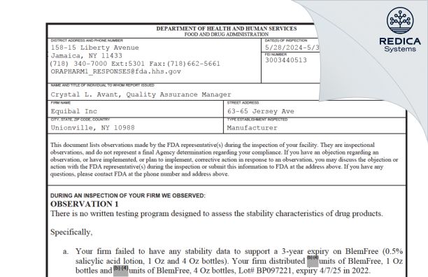 FDA 483 - Equibal, Inc. [Unionville / United States of America] - Download PDF - Redica Systems