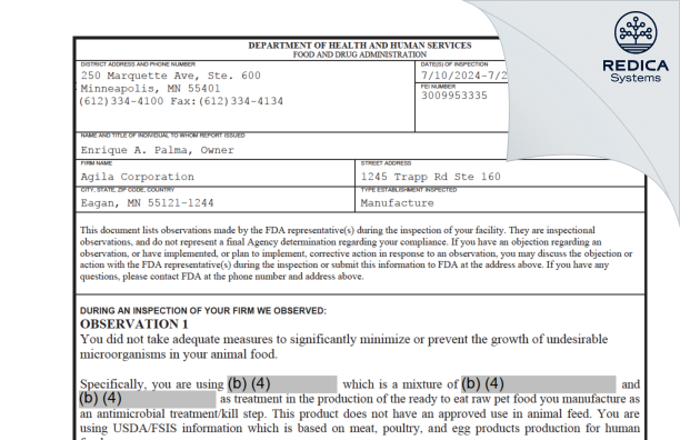 FDA 483 - Agila Corporation [Saint Paul / United States of America] - Download PDF - Redica Systems