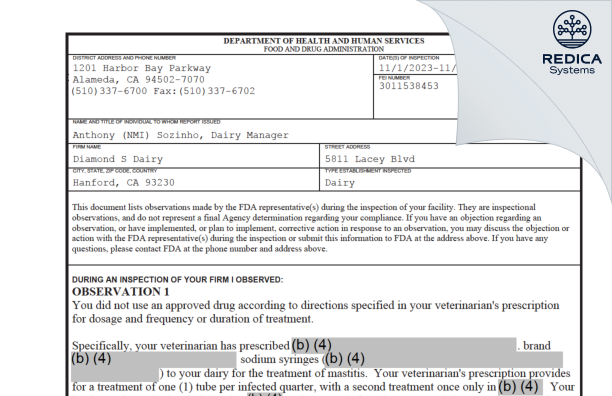 FDA 483 - Diamond S Dairy [Hanford / United States of America] - Download PDF - Redica Systems