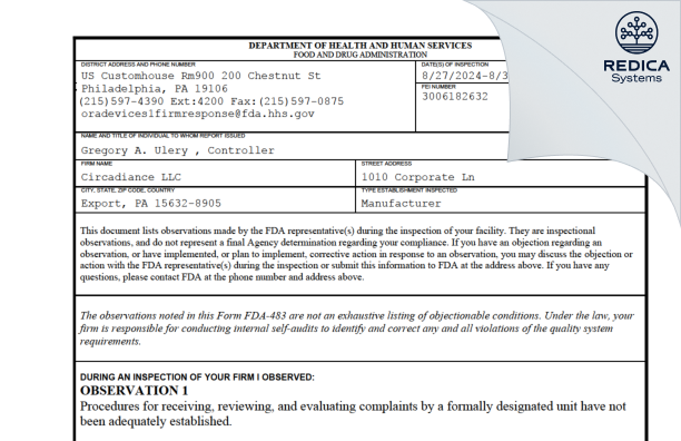 FDA 483 - Circadiance LLC [Turtle Creek / United States of America] - Download PDF - Redica Systems