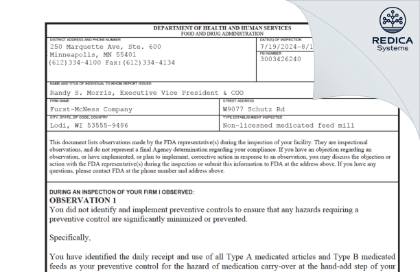 FDA 483 - Furst-McNess Company [Lodi / United States of America] - Download PDF - Redica Systems