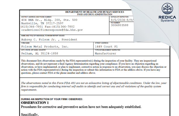 FDA 483 - Folsom Metal Products, Inc. [Pelham / United States of America] - Download PDF - Redica Systems