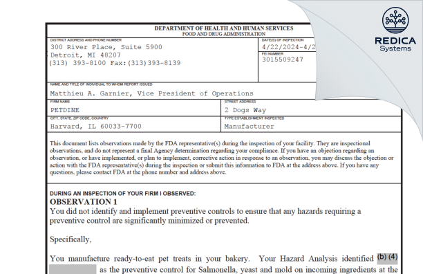 FDA 483 - PETDINE LLC/ADM [Harvard / United States of America] - Download PDF - Redica Systems