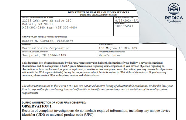 FDA 483 - Percussionaire Corporation [Sandpoint / United States of America] - Download PDF - Redica Systems