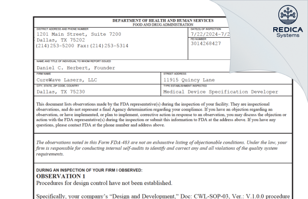 FDA 483 - Curewave Lasers LLC [Dallas / United States of America] - Download PDF - Redica Systems