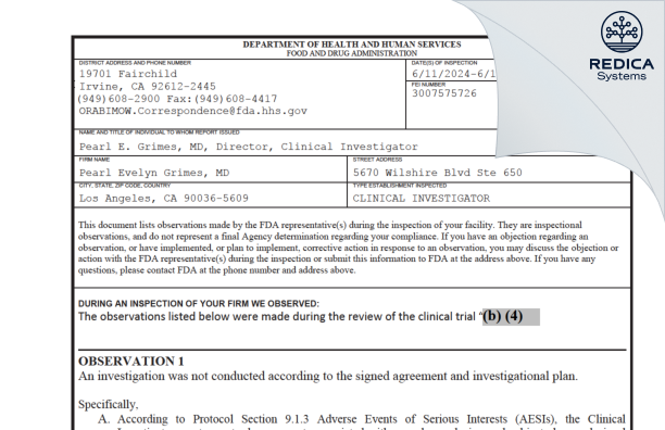 FDA 483 - Pearl Evelyn Grimes [Los Angeles / United States of America] - Download PDF - Redica Systems