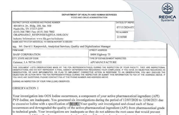 FDA 483 - BASF Corporation [Geismar / United States of America] - Download PDF - Redica Systems