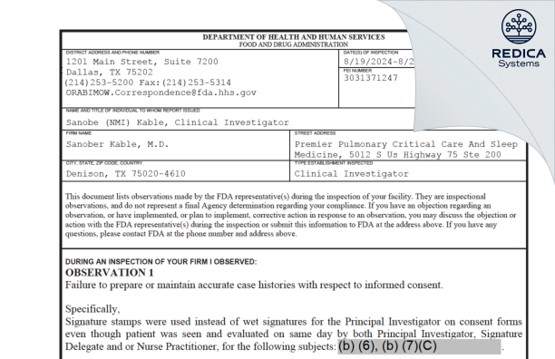 FDA 483 - Sanober Kable, M.D. [Denison / United States of America] - Download PDF - Redica Systems