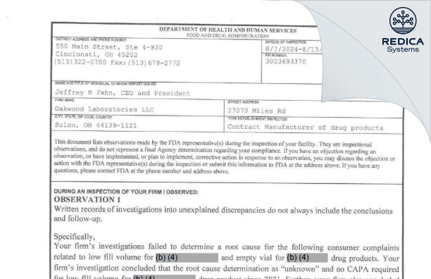 FDA 483 - OAKWOOD LABORATORIES, L.L.C. [Solon / United States of America] - Download PDF - Redica Systems