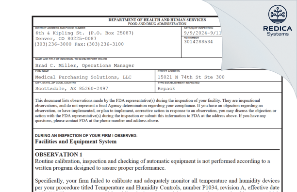 FDA 483 - Medical Purchasing Solutions, LLC [Scottsdale / United States of America] - Download PDF - Redica Systems