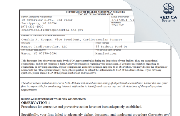 FDA 483 - Maquet Cardiovascular, LLC [Wayne / United States of America] - Download PDF - Redica Systems