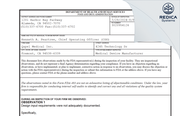 FDA 483 - Q'apel Medical, Inc. [Fremont / United States of America] - Download PDF - Redica Systems