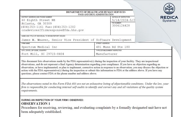 FDA 483 - Spectrum Medical Inc [Fort Mill / United States of America] - Download PDF - Redica Systems