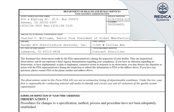 FDA 483 - Caridian BCT Sterlization [Lakewood / United States of America] - Download PDF - Redica Systems