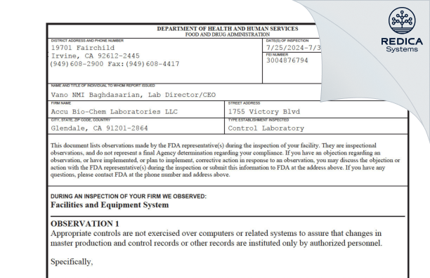 FDA 483 - ACCU BIO-CHEM LABS [Glendale / United States of America] - Download PDF - Redica Systems