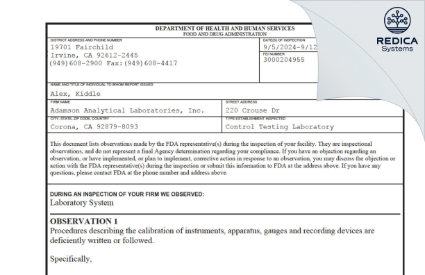 FDA 483 - ADAMSON ANALYTICAL LABORATORIES INC [Corona / United States of America] - Download PDF - Redica Systems