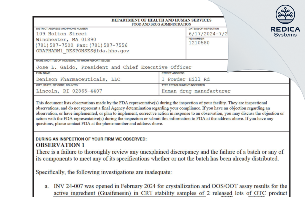 FDA 483 - Denison Pharmaceuticals, LLC [Lincoln / United States of America] - Download PDF - Redica Systems