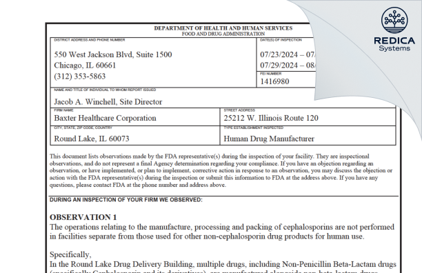 FDA 483 - Baxter Healthcare Corporation [Round Lake / United States of America] - Download PDF - Redica Systems